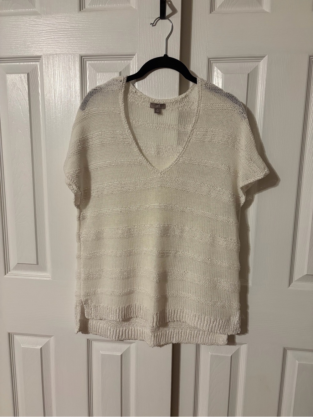 J. Jill Ivory V-Neck Open Weave Textured Knit Cap Sleeve Sweater Size Medium